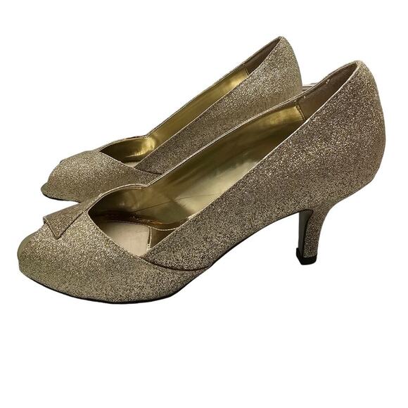 Gold Heels Womens Size 7.5 Sparkle Glitter Glam Wedding Dress Peep Toe Metallic - Picture 16 of 16